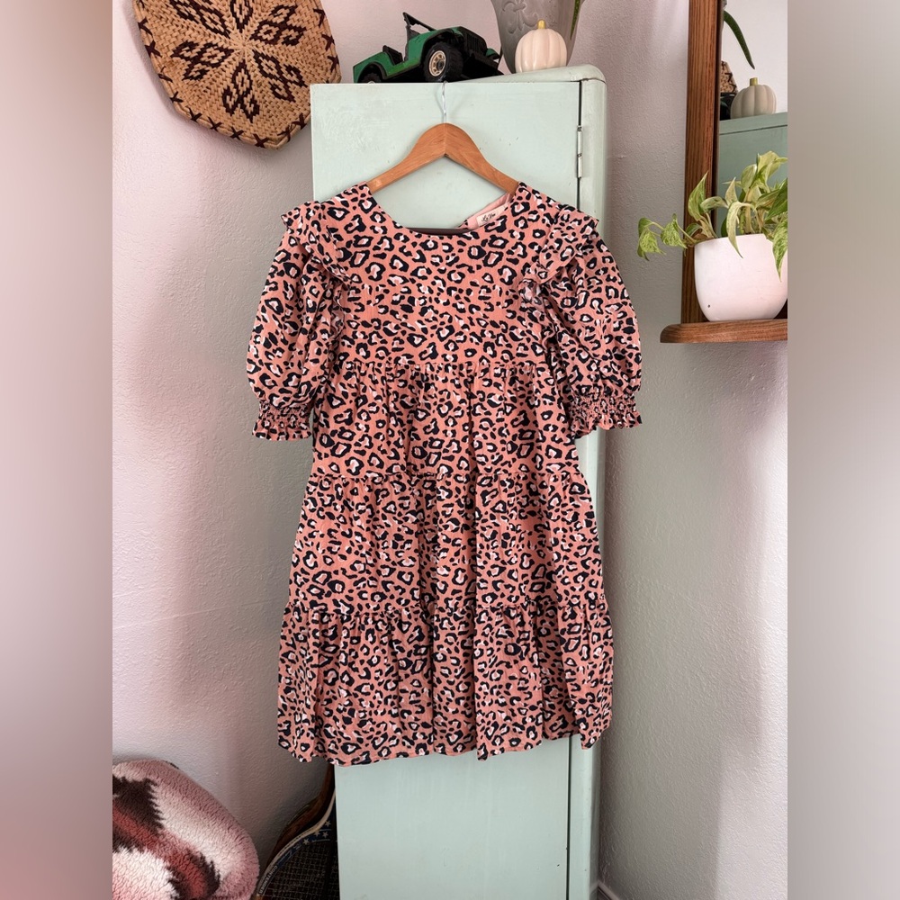La’ Ven Leopard Baby Doll Dress, Size Small, Pink and Navy Blue